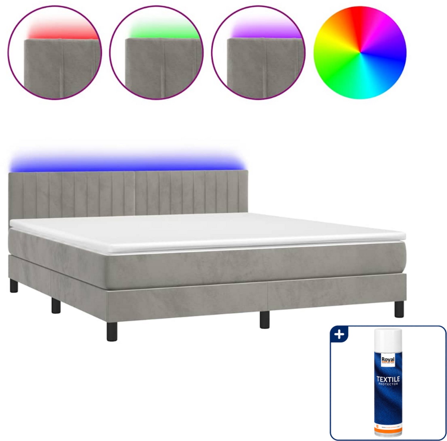 vidaXL Queensize boxspring met matras en LED - 160 x 200 cm - fluweel - lichtgrijs - Inclusief textielbeschermer 500 ml