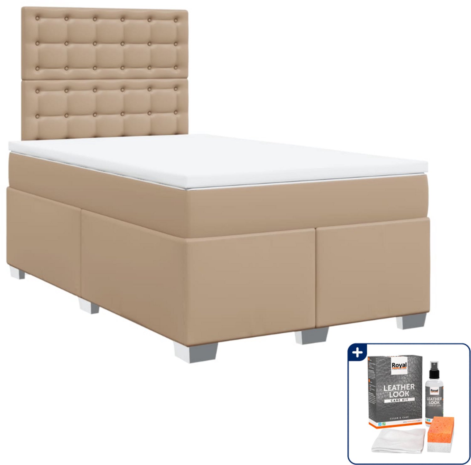 vidaXL boxspringbed met matras - 120 x 190 cm - kunstleer - cappuccino - Inclusief onderhoudsset voor kunstleer 150 ml Bruin