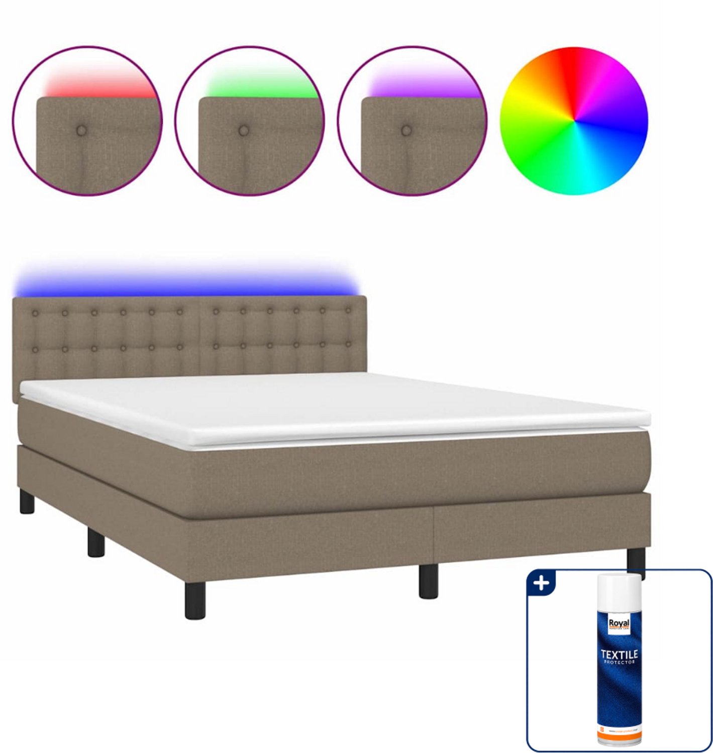 vidaXL boxspring met matras en led - 140 x 190 cm - taupe - Inclusief textielbeschermer 500 ml
