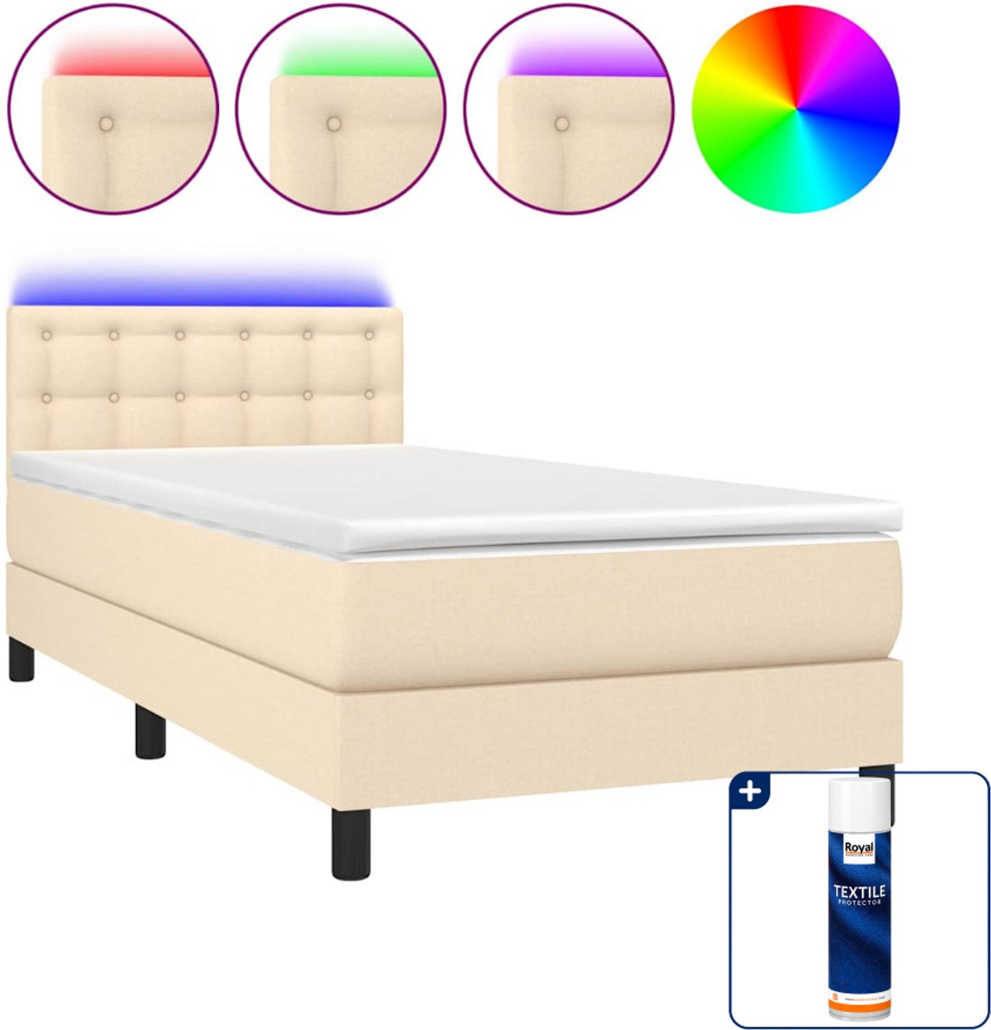 vidaXL boxspring met matras en LED - 90 x 190 cm - crèmekleurig - Inclusief textielbeschermer 500 ml