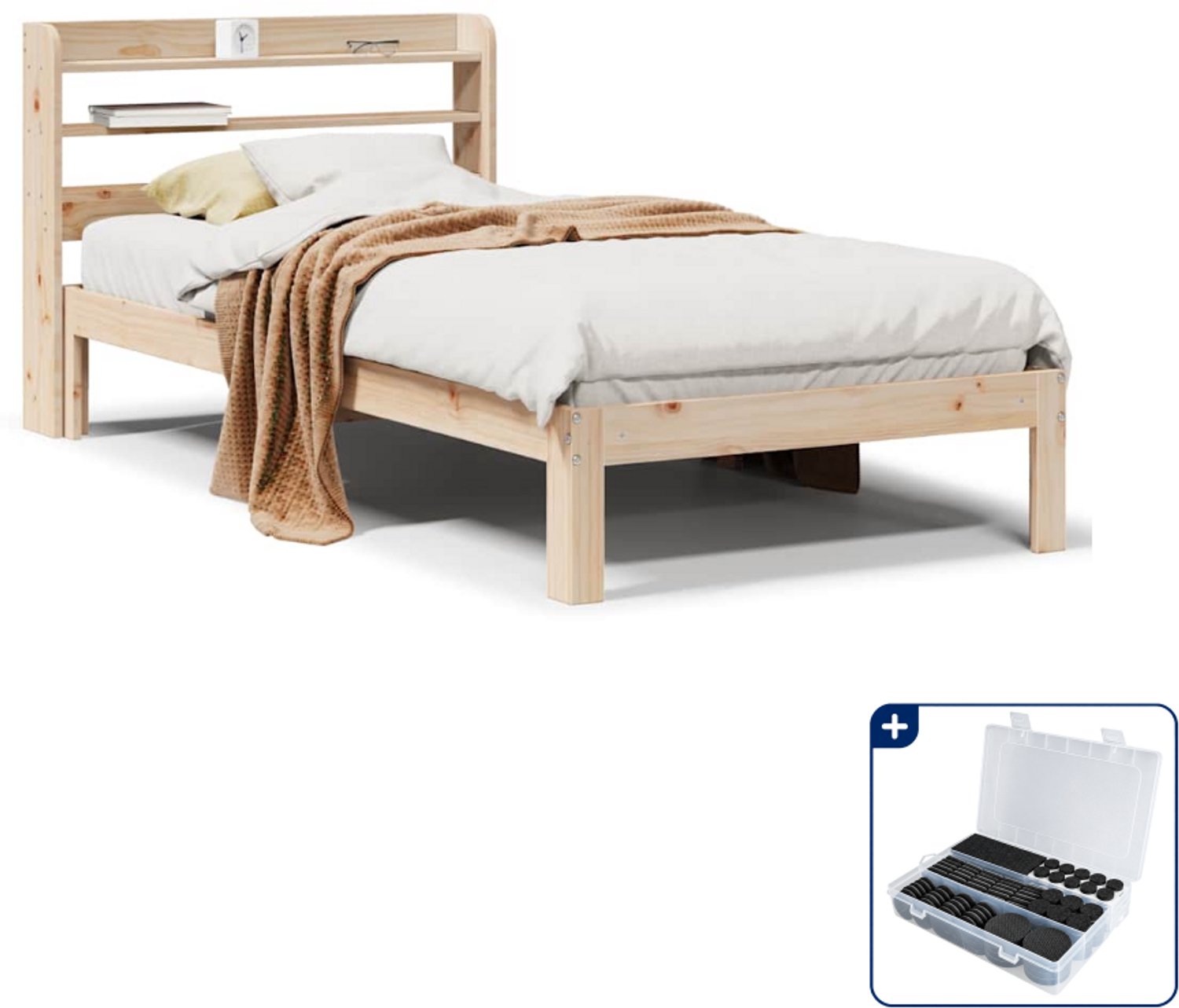 vidaXL Bedframe met hoofdbord - 90 x 200 cm - massief grenenhout - Inclusief antikrasvilt 177-delig Bruin