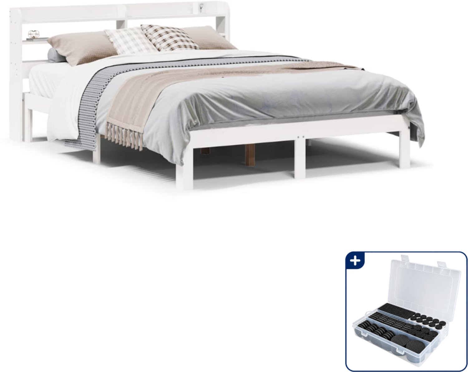 vidaXL bedframe Small double - 140 x 200 cm - massief grenenhout - wit - Inclusief antikrasvilt 177-delig Bruin
