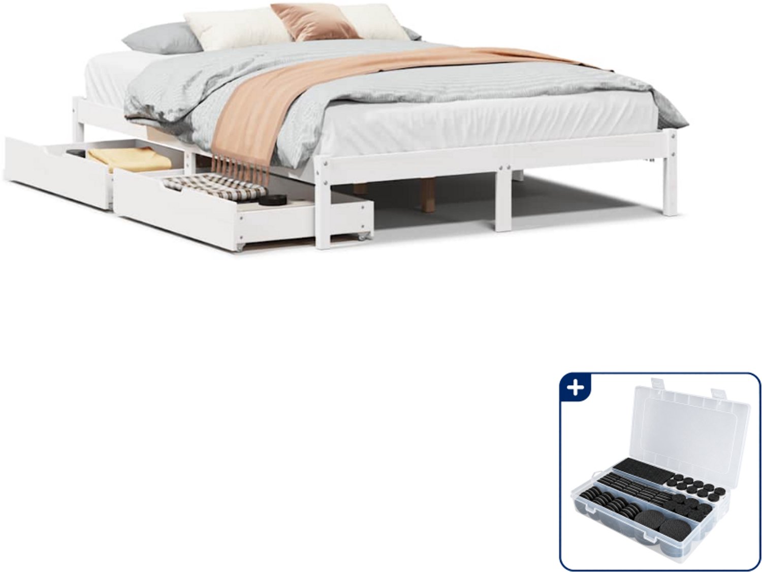 vidaXL bedframe met 2 lades - 140 x 190 cm - massief grenenhout - wit - Inclusief antikrasvilt 177-delig
