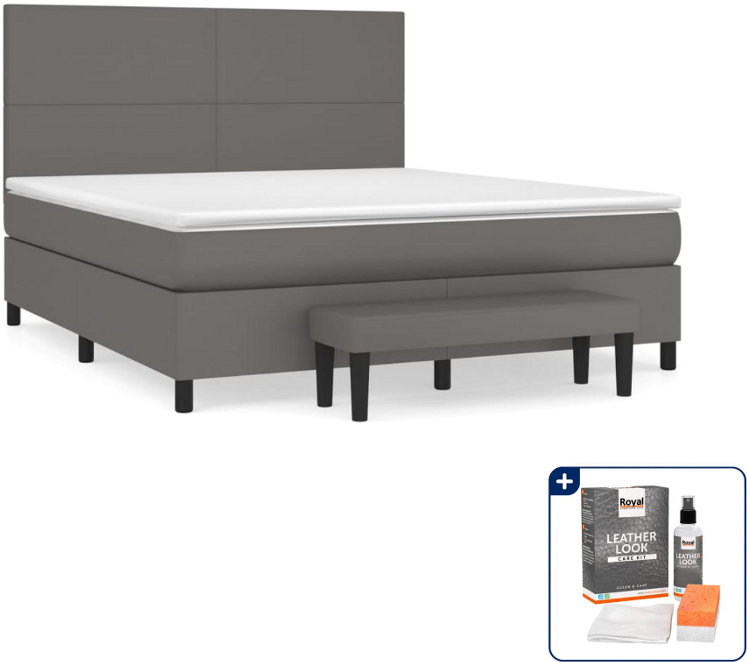 vidaXL boxspring met matras - Queensize - 160 x 200 cm - grijs - Inclusief onderhoudsset voor kunstleer 150 ml