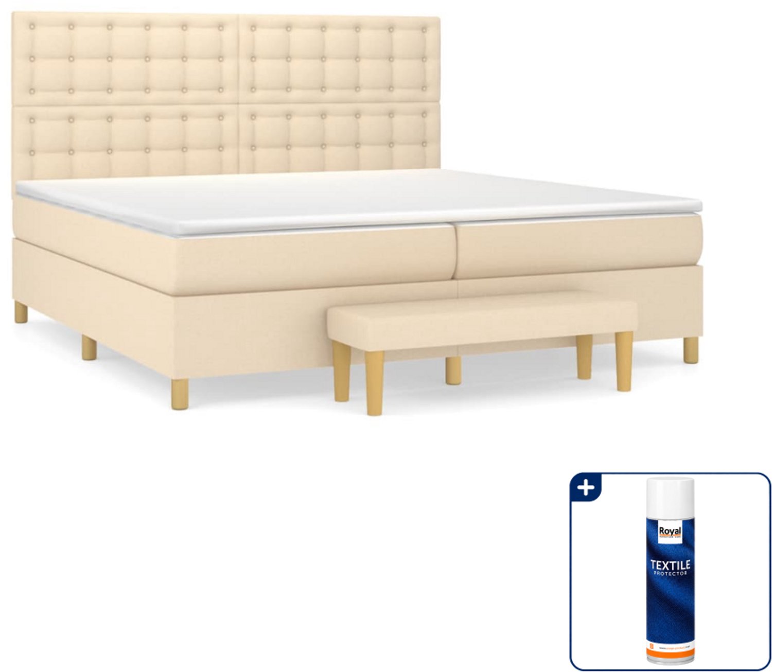 vidaXL boxspring met matras en bank - Super kingsize - 200 x 200 cm - crème - Inclusief textielbeschermer 500 ml