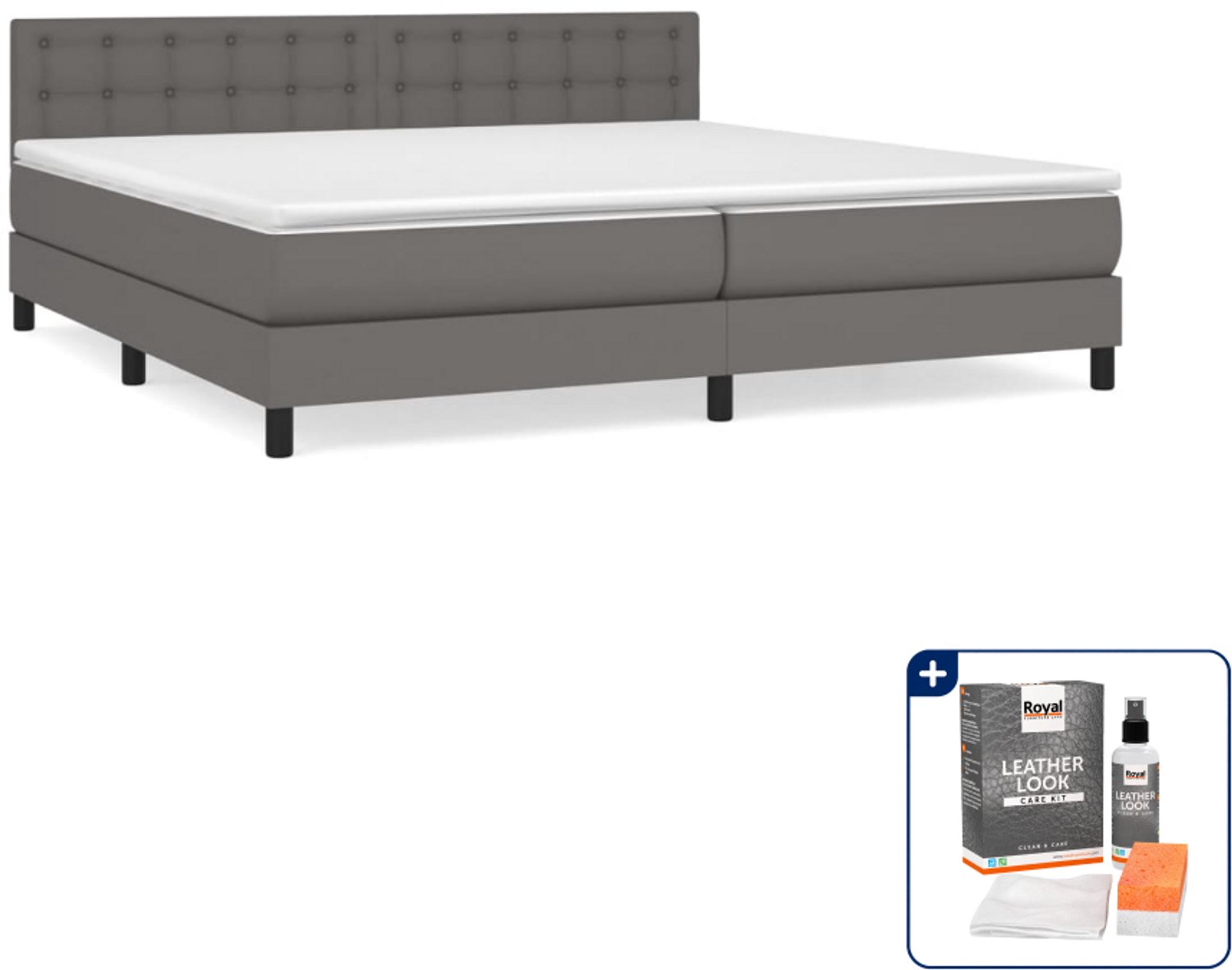 vidaXL boxspring met matras - super kingsize - 200 x 200 cm - grijs - Inclusief onderhoudsset voor kunstleer 150 ml