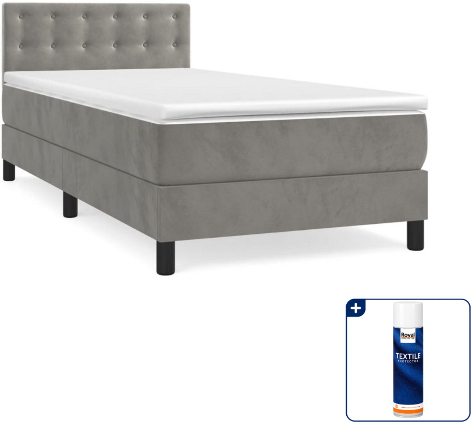vidaXL boxspring met matras 90 x 200 cm - fluweel - lichtgrijs - Inclusief textielbeschermer 500 ml