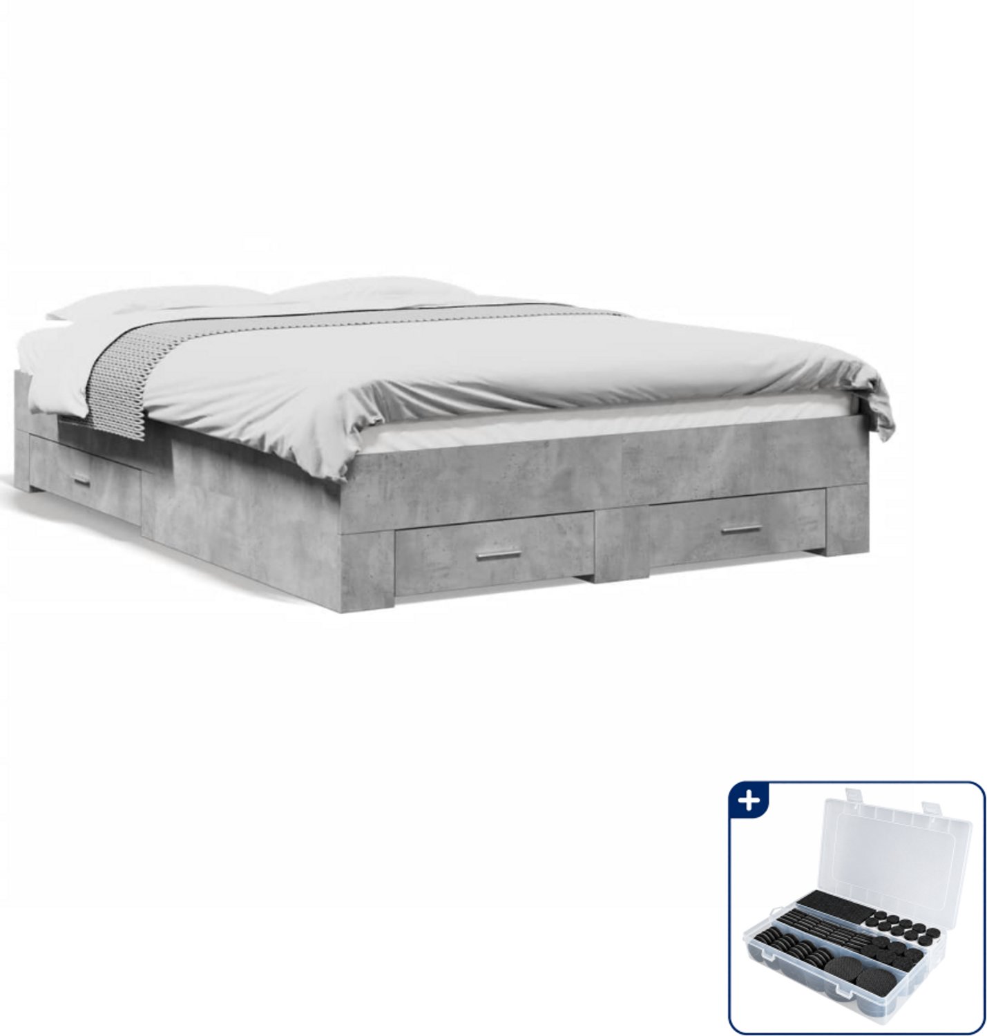 vidaXL bedframe met lades - 140 x 190 cm - bewerkt hout - betongrijs - Inclusief antikrasvilt 177-delig Wit