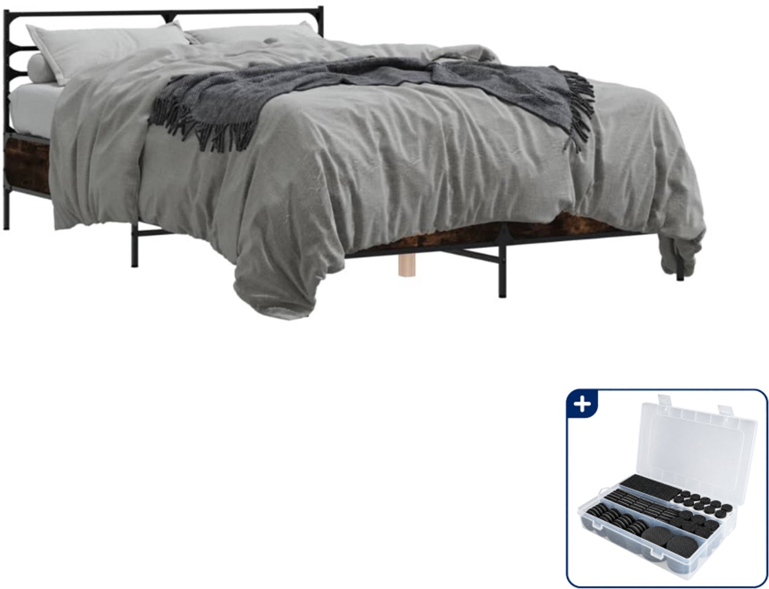 vidaXL bedframe - 120 x 190 cm - bewerkt hout en metaal - gerookt eiken - Inclusief antikrasvilt 177-delig Bruin
