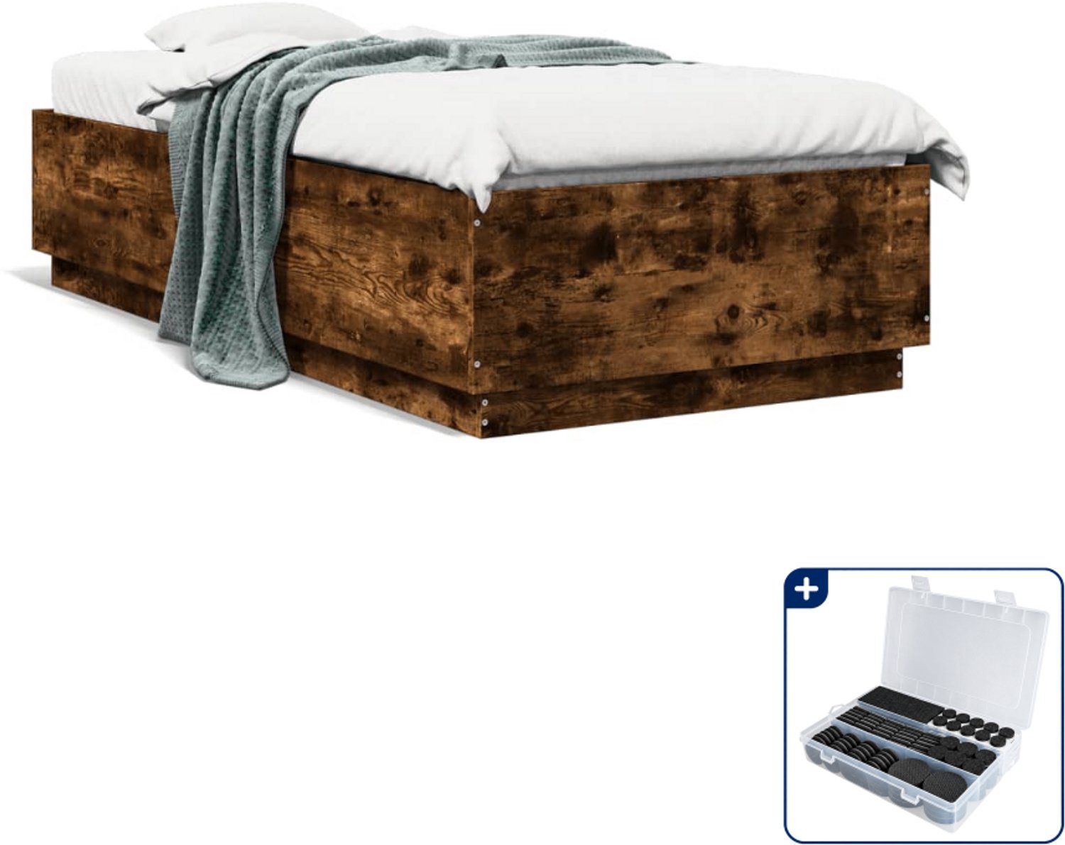 vidaXL Bedframe - 90 x 200 cm - bewerkt hout - gerookt eiken - Inclusief antikrasvilt 177-delig Zwart