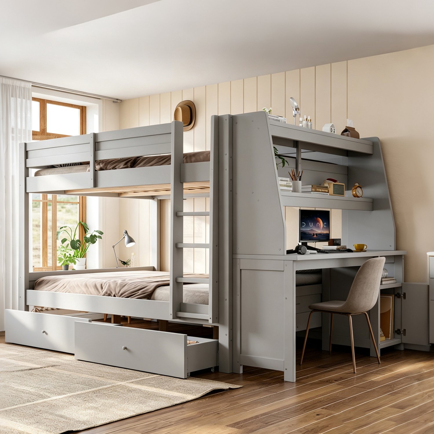 Zubaliya Stapelbed - 140 x 200 cm - Grijs - hout - Bureau - Lades - Opbergruimte