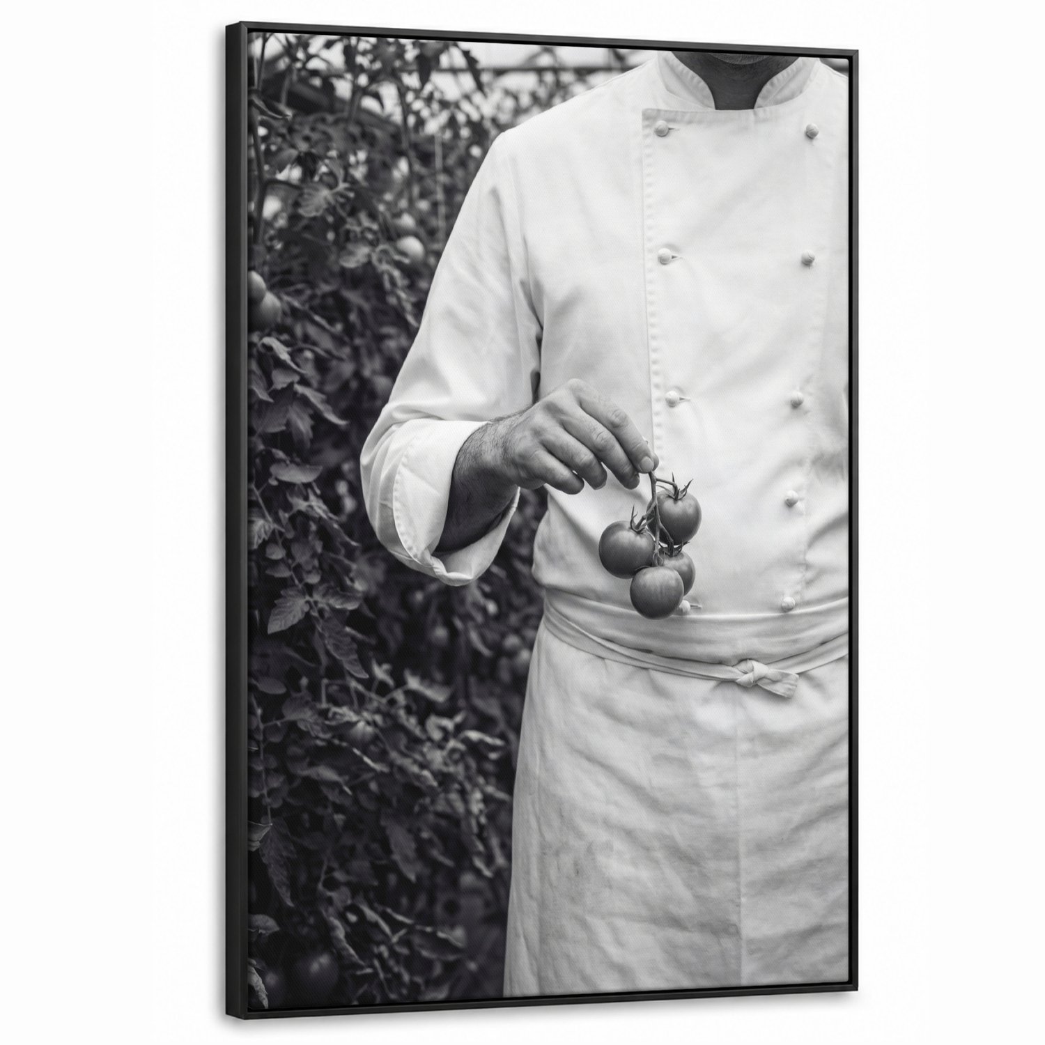 Canvas Schilderij met Baklijst XXL Canvas Schilderij met Baklijst 90x140cm - Tomaten - Chef - Zwart - Wit - Muurdecoratie woonkamer - Slaapkamer decoratie - Kamer accessoires - Schilderijen op canvas met lijst groot