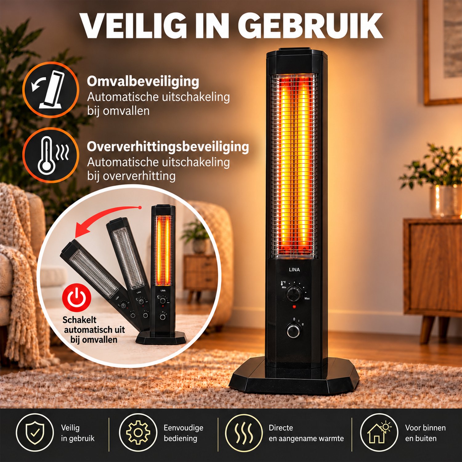 Lina® Infrarood Verwarming 1200W – Energiezuinige Elektrische Kachel voor Binnen en Buiten – Terrasverwarmer – foto 6