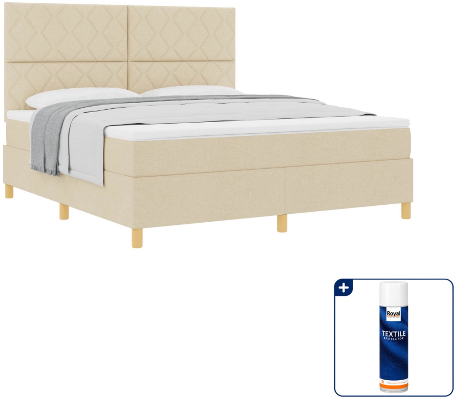 vidaXL Kingsize boxspringbed - 180 x 200 cm - stof - crème - Inclusief textielbeschermer 500 ml