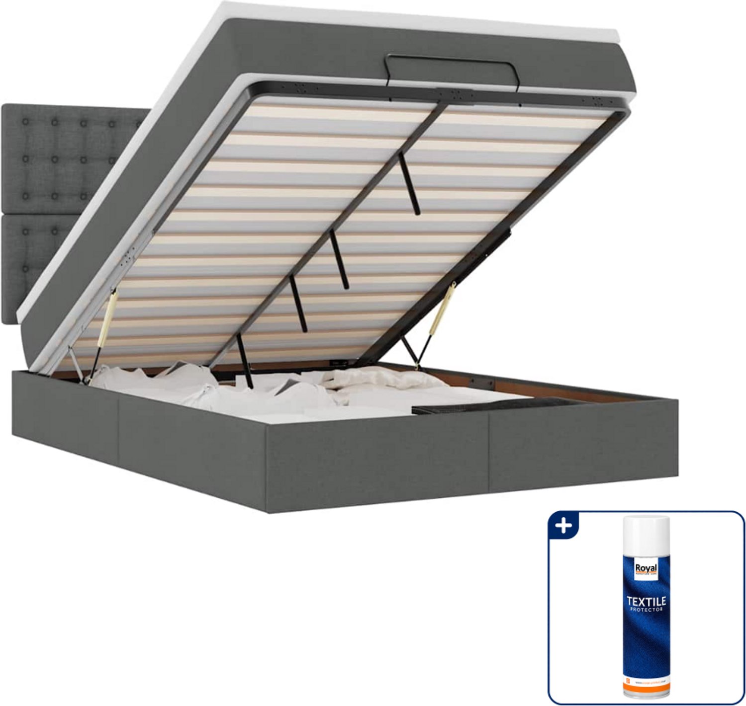 vidaXL ottoman bed met matras - 140 x 190 cm - stof - donkergrijs - Inclusief textielbeschermer 500 ml Zwart