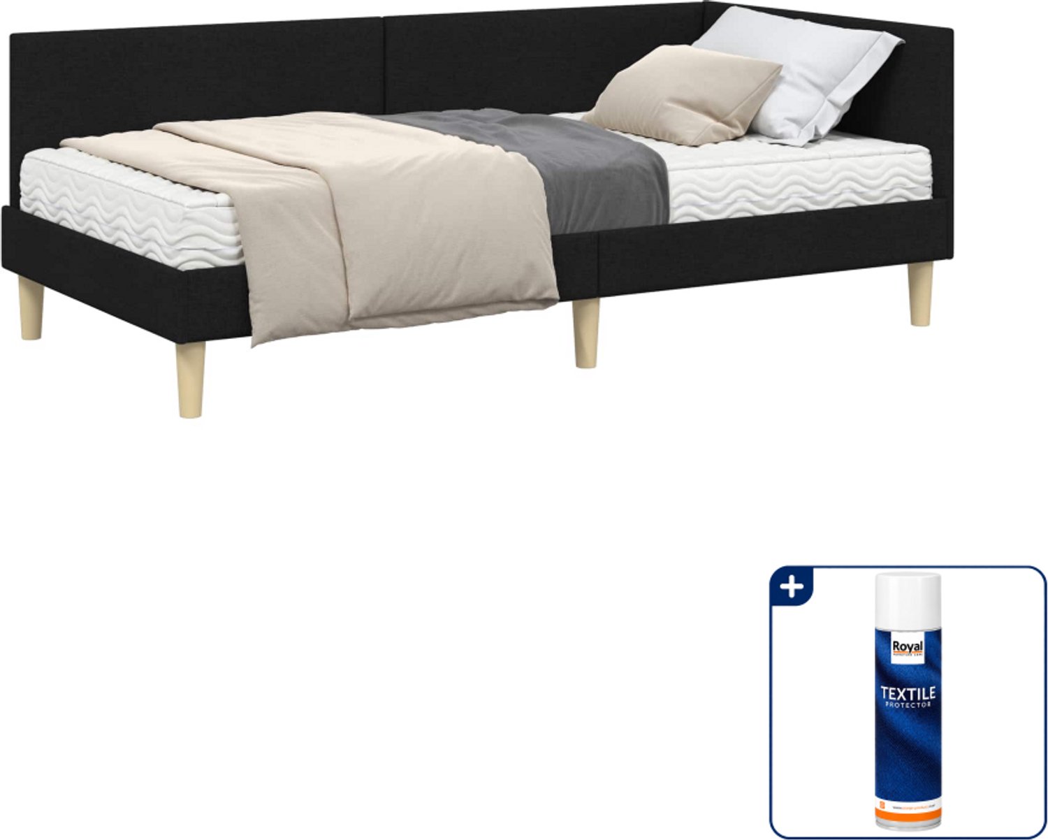 vidaXL hoekbed met matras - 90 x 190 cm - zwart - Inclusief textielbeschermer 500 ml Lichtgrijs