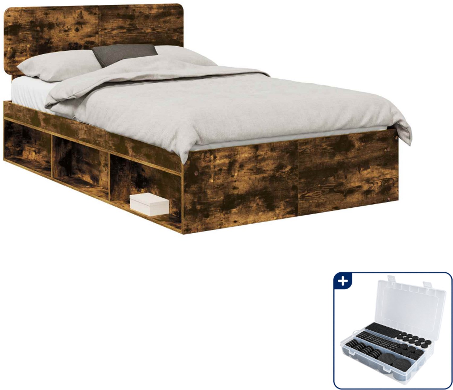 vidaXL bedframe - 135 x 190 cm - gerookt eiken - Inclusief antikrasvilt 177-delig Bruin