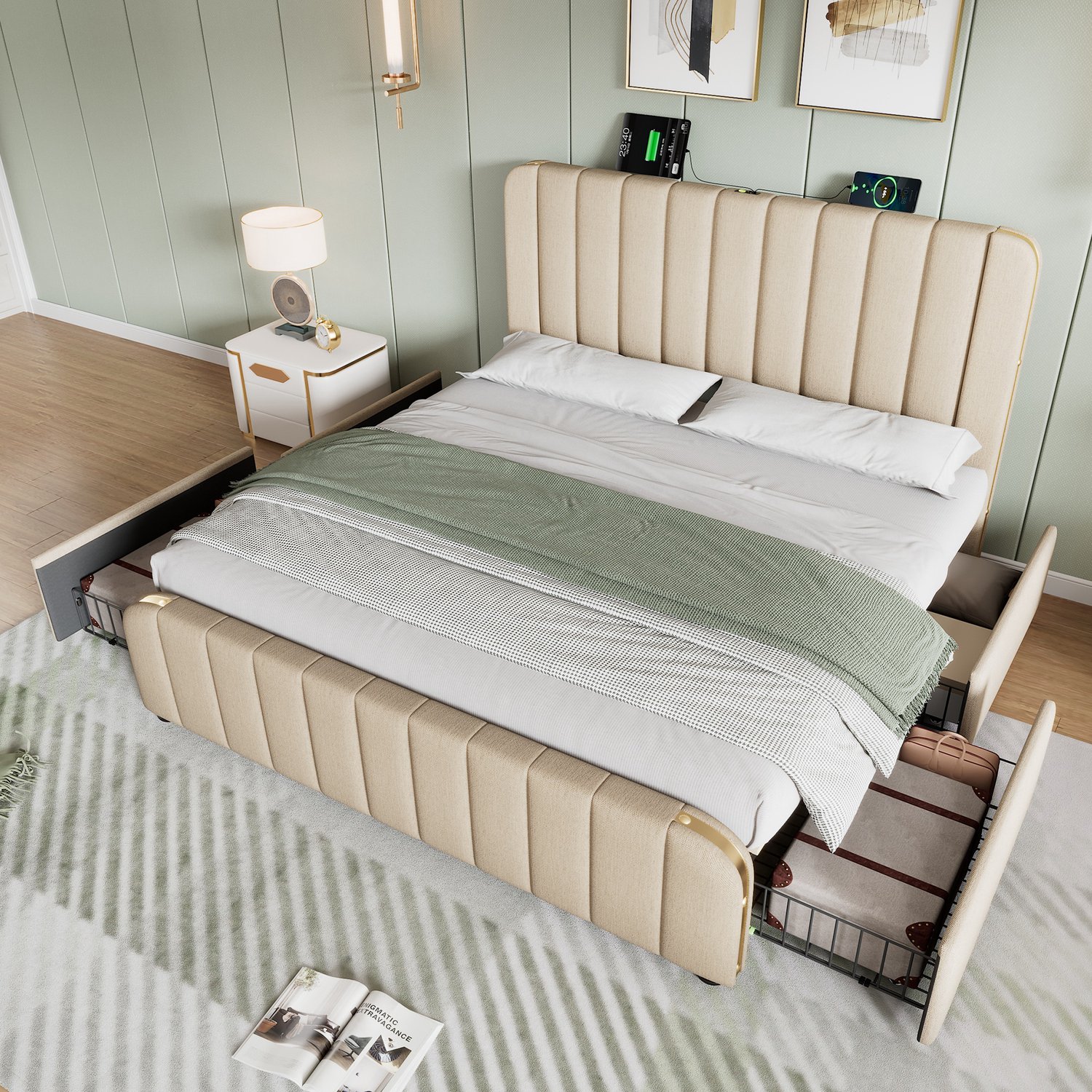 Maisentiel Gestoffeerd tweepersoonsbed 140 x 190 cm - beige - 4 lades - USB en Type-C