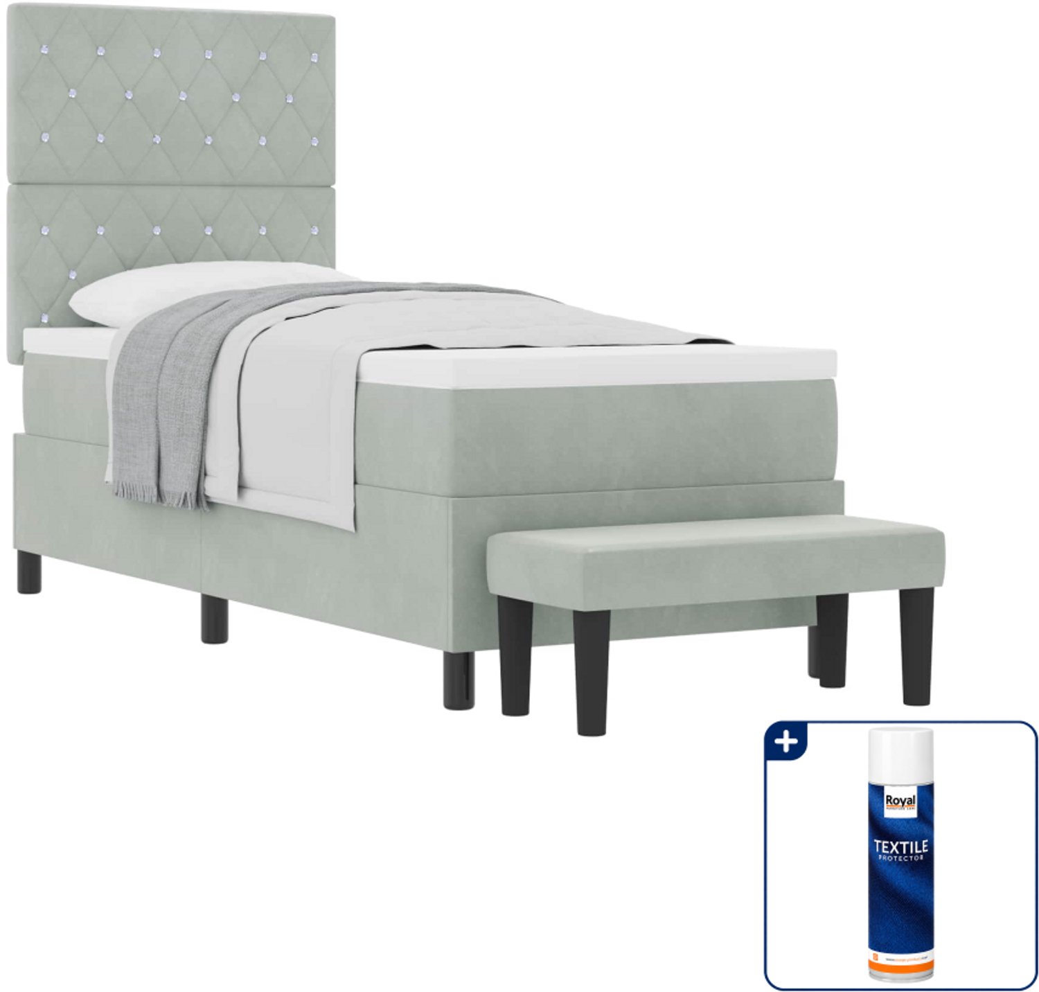 vidaXL Boxspring bed - 80 x 200 cm - fluweel - lichtgrijs - Inclusief textielbeschermer 500 ml