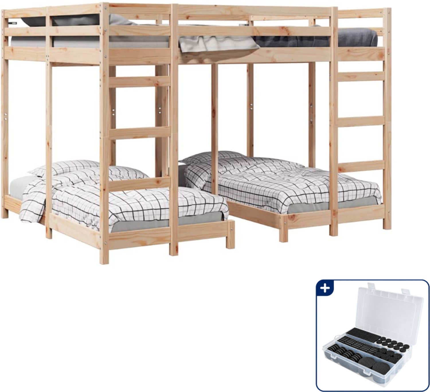vidaXL driepersoons stapelbed - 160 x 200 cm - massief grenen - bruin - Inclusief antikrasvilt 177-delig