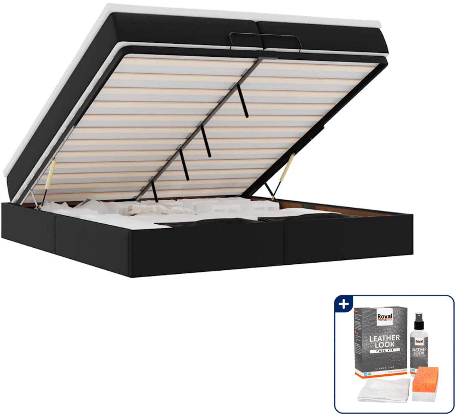 vidaXL Ottoman bed met matrassen - 200 x 200 cm - kunstleer - zwart - Inclusief onderhoudsset voor kunstleer 150 ml