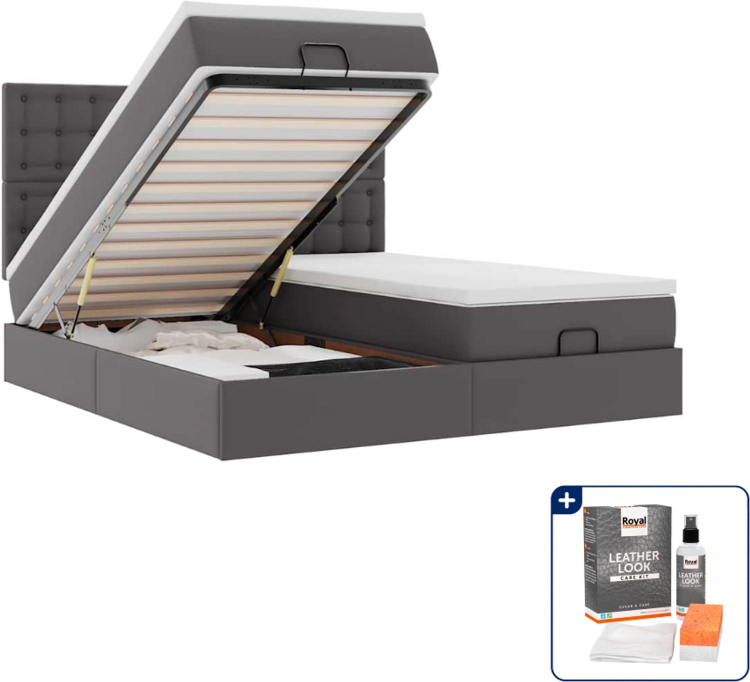 vidaXL Queensize ottoman bed met matrassen - 160 x 200 cm - grijs - Inclusief onderhoudsset voor kunstleer 150 ml Zwart