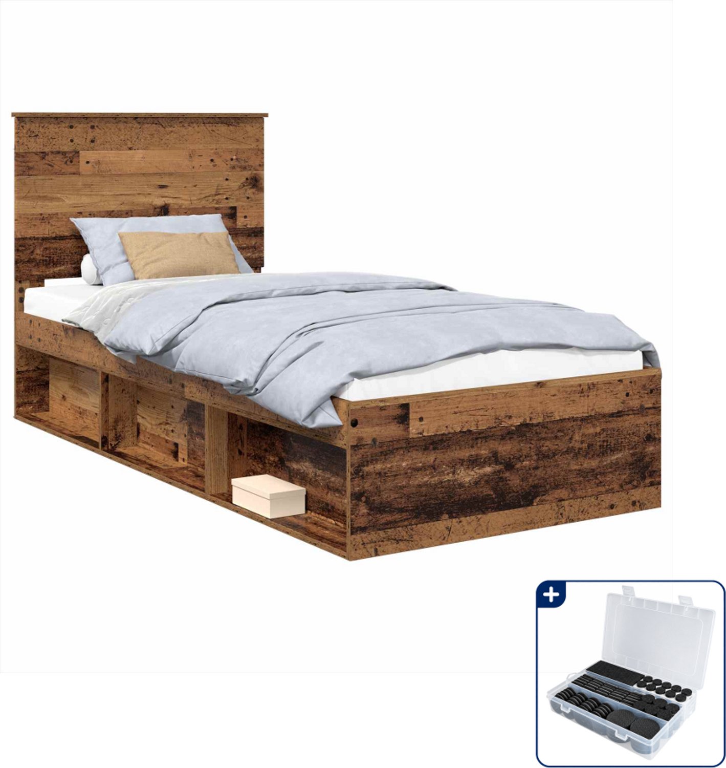 vidaXL bedframe met hoofdeinde - 75 x 190 cm - bewerkt hout - oudhout - Inclusief antikrasvilt 177-delig Bruin