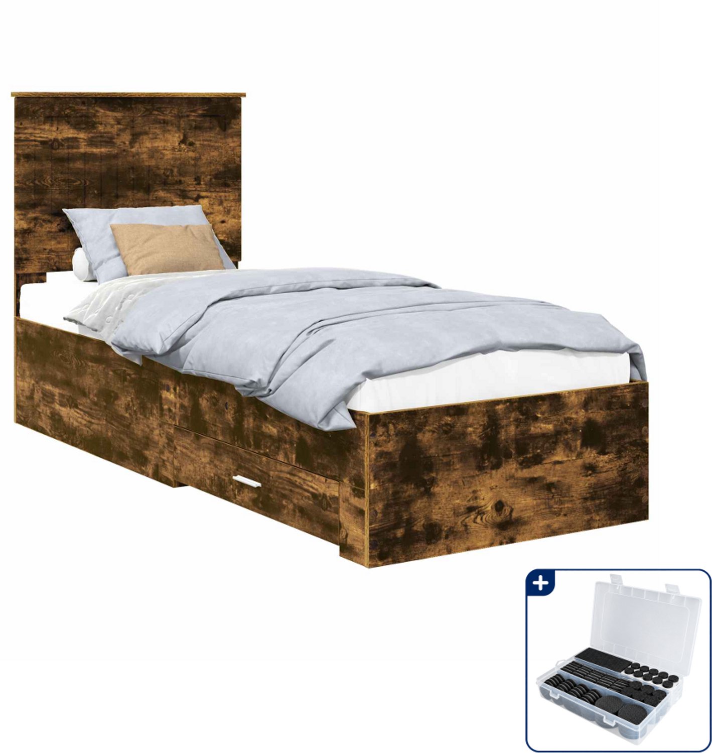 vidaXL bedframe - 70 x 190 cm - bewerkt hout - gerookt eiken en zilver - Inclusief antikrasvilt 177-delig Grijs