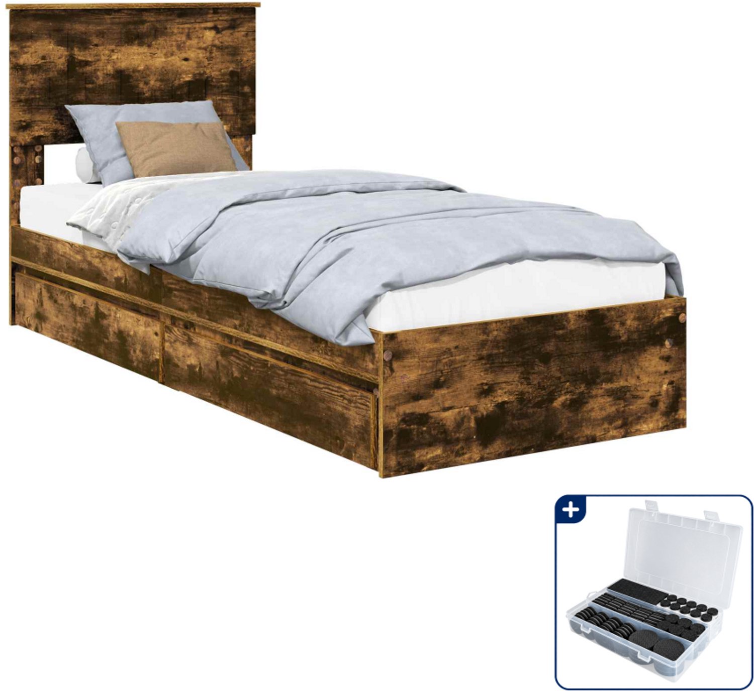vidaXL bedframe - 75 x 190 cm - bewerkt hout - gerookt eiken - Inclusief antikrasvilt 177-delig Bruin