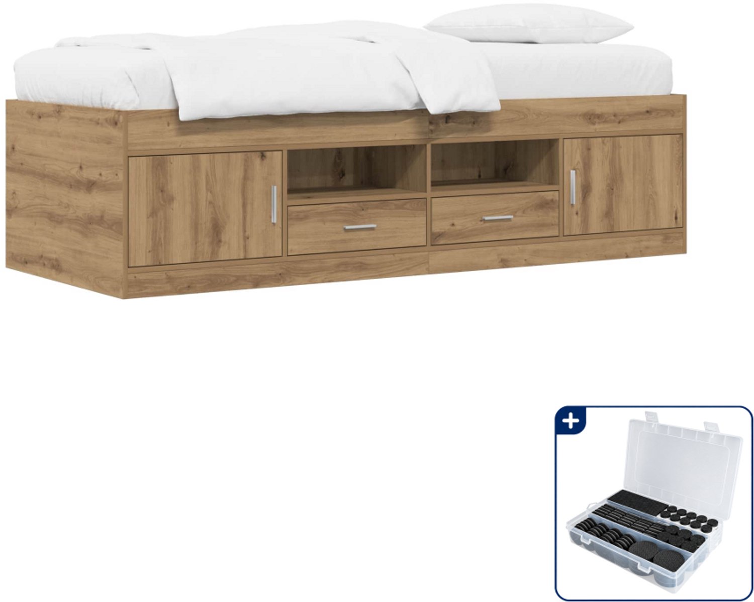 vidaXL Bedframe met opslag - 80 x 200 cm - bewerkt hout - eikenkleur - Inclusief antikrasvilt 177-delig Bruin