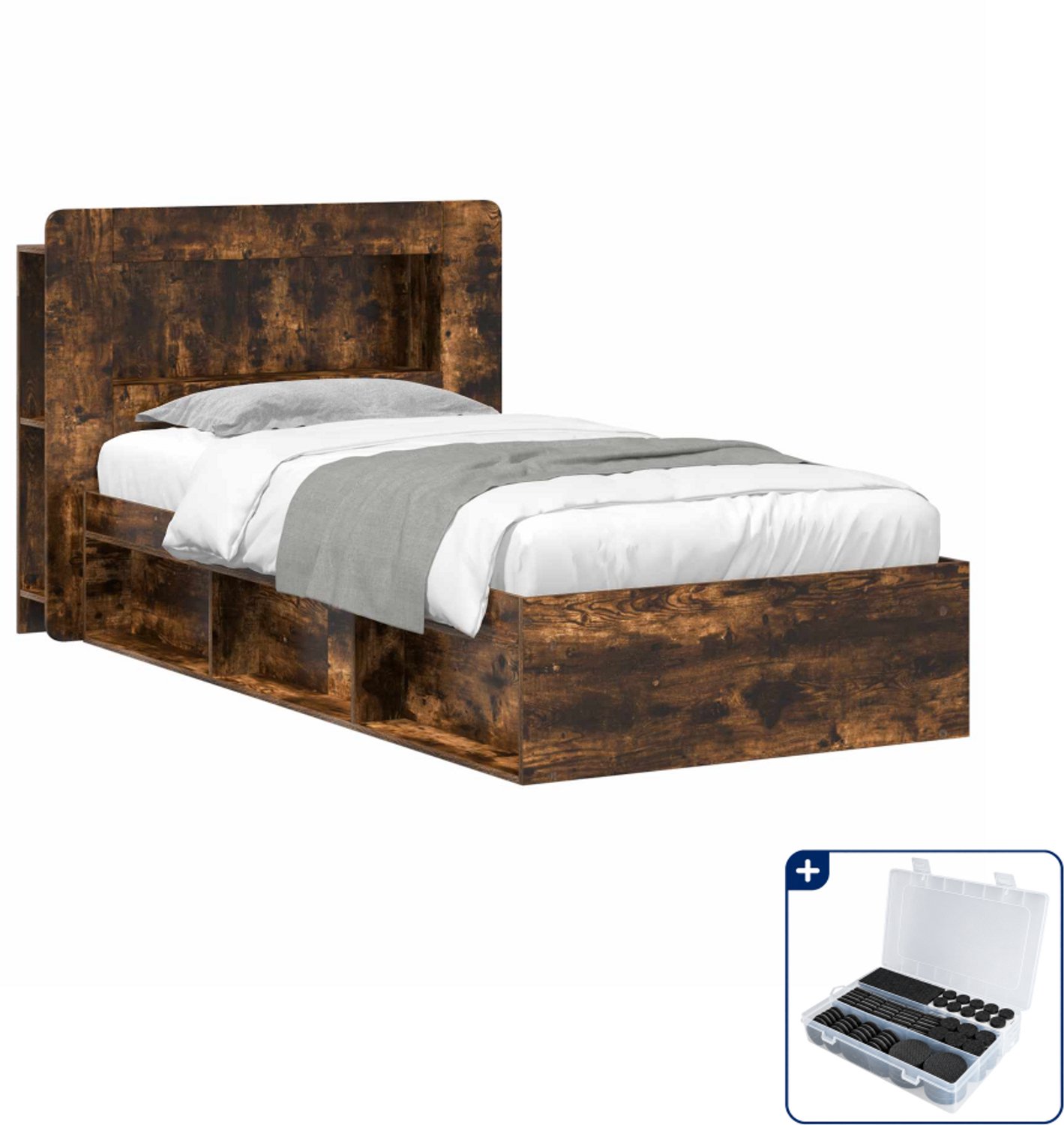 vidaXL bedframe met opslag - 90 x 190 cm - bewerkt hout - gerookt eiken - Inclusief antikrasvilt 177-delig Bruin