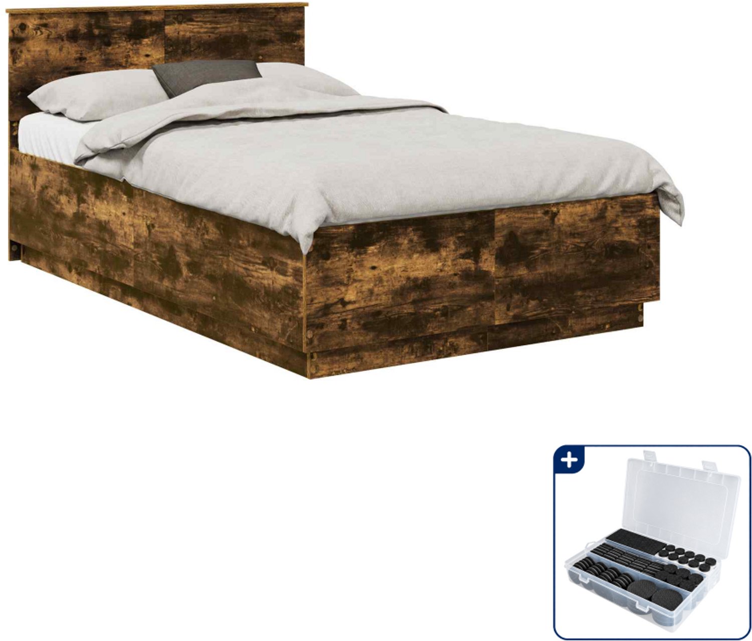 vidaXL bedframe met hoofdeinde - 120 x 190 cm - bewerkt hout - gerookt eiken - Inclusief antikrasvilt 177-delig Bruin