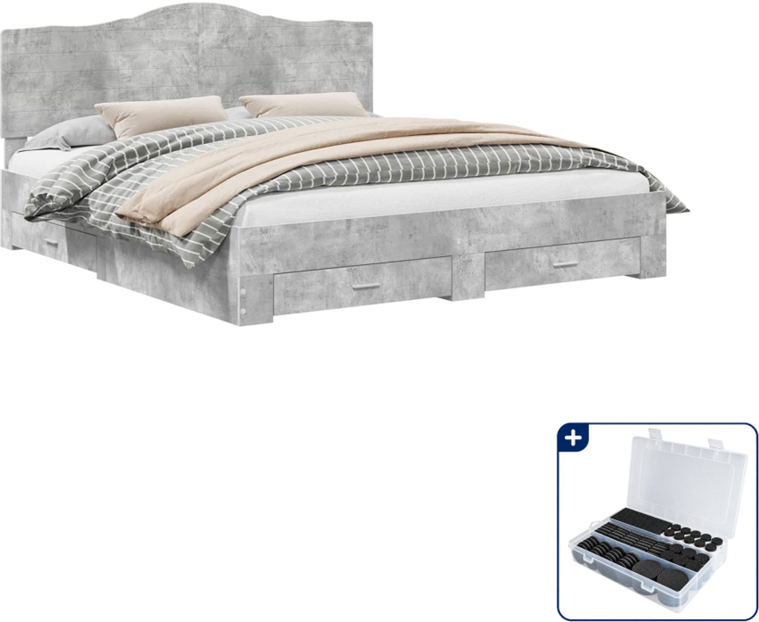 vidaXL bedframe met lade - 200 x 200 cm - bewerkt hout - beton grijs - Inclusief antikrasvilt 177-delig