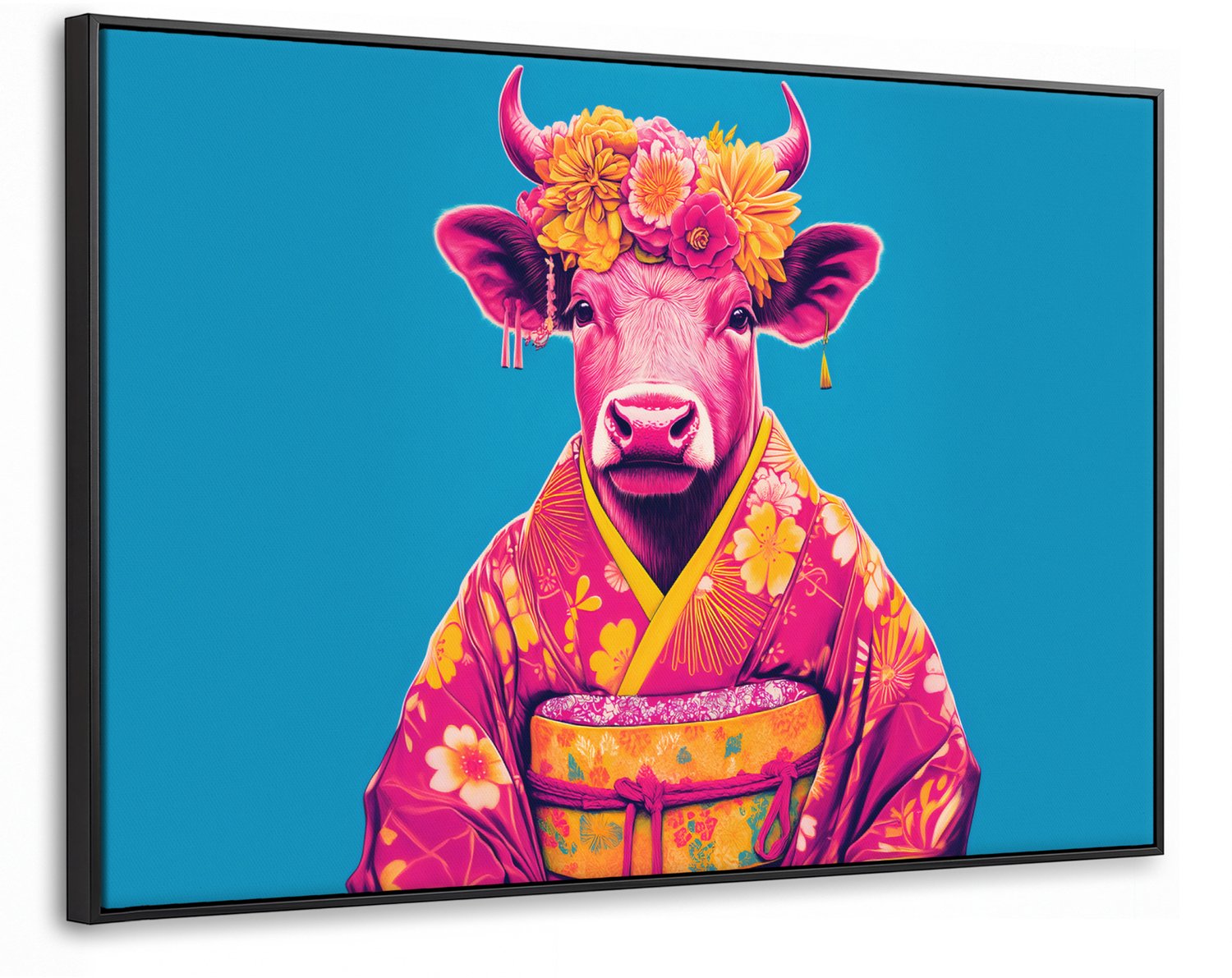 Canvas Schilderij met Baklijst XXL Canvas Schilderij met Baklijst 140x90cm - Koe - Bloemenkrans - Oorhangers - Kimono - Muurdecoratie woonkamer - Slaapkamer decoratie - Kamer accessoires - Schilderijen op canvas met lijst groot