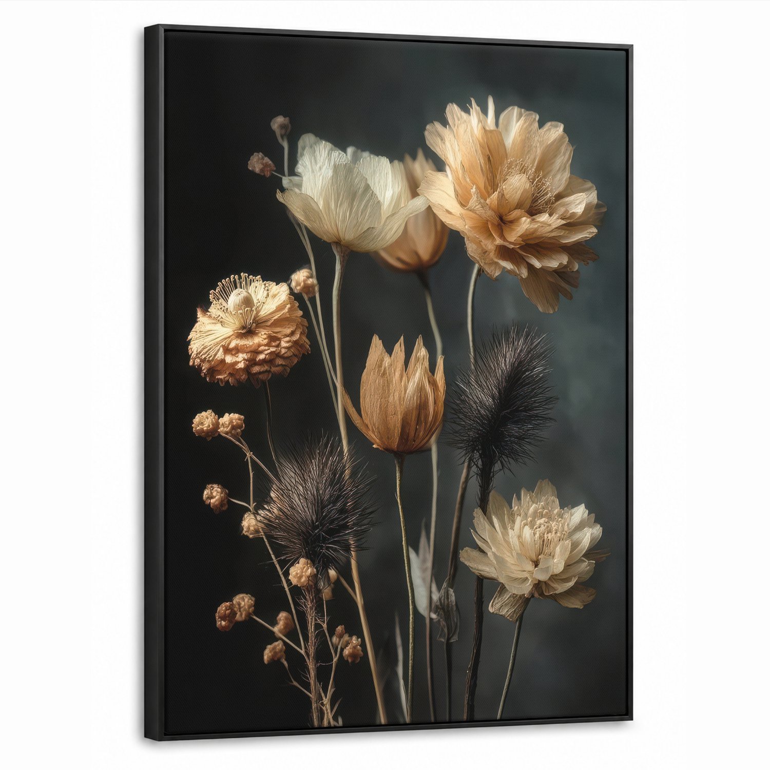 Canvas Schilderij met Baklijst 50x70cm - Boeket - Bloemen - Licht - Zwart - Muurdecoratie woonkamer - Slaapkamer decoratie - Kamer accessoires - Schilderijen op canvas met lijst