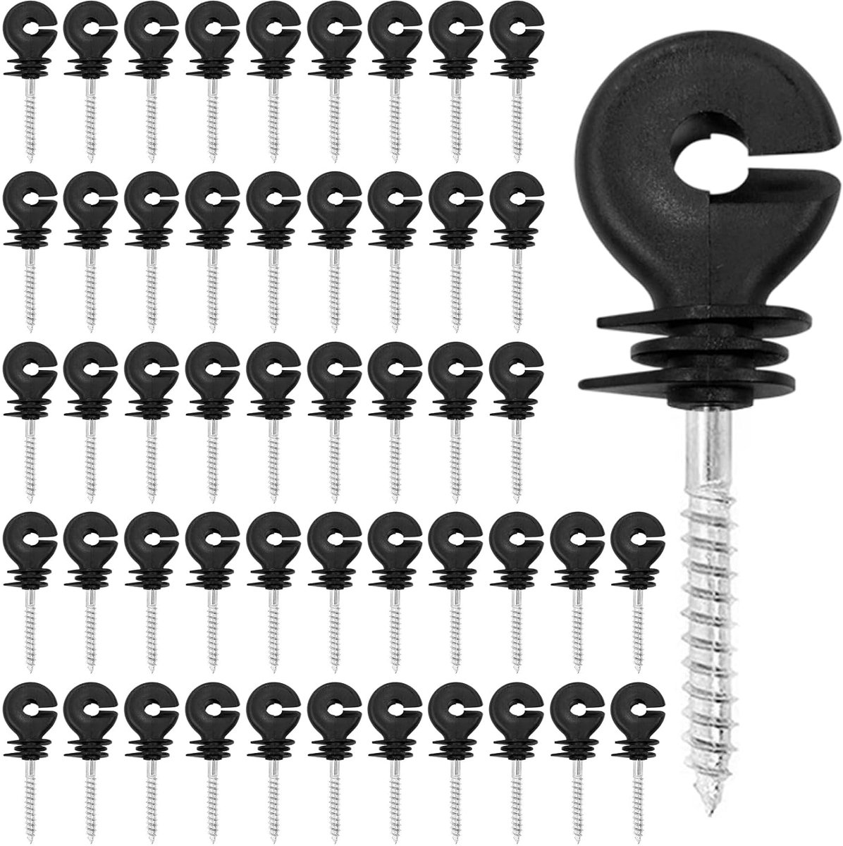50 stuks isolatoren, weidehek, 90 mm, isolatoren met schroefdraad van 6 mm, zwarte ringisolator, elektrische omheining, schroef, elektrische omheining, isolator voor houten palen, dierenhekken, draad