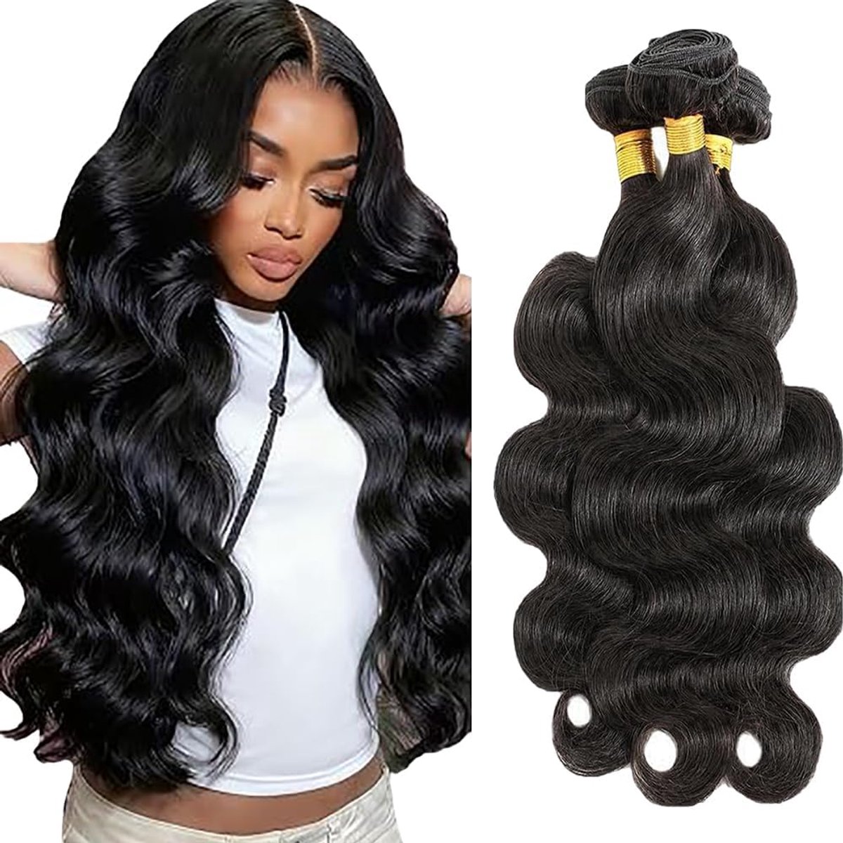 Wave Human Hair Bundles Natural Black #1B Color Unprocessed Human Hair Extensions Double Weft Weave 3 Bundles 50g/Piece for Woman 28 28 28 Inch