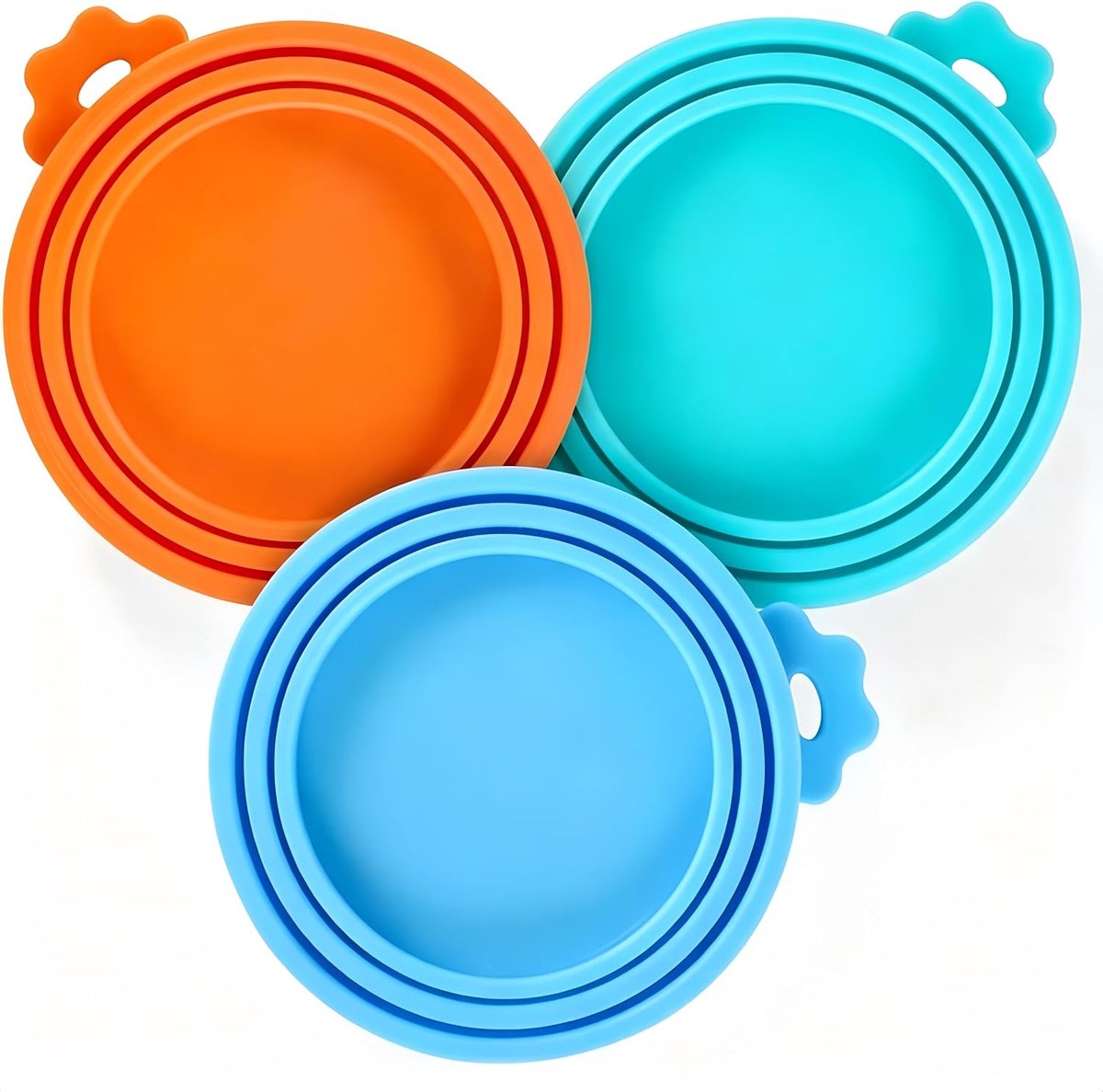 4-delige universele siliconen blikdeksels, geschikt voor het bewaren van katten- en hondenvoer, met goede afdichting, geschikt voor 3 standaardmaten, blauw, oranje, cyaan en 1 blauwe lepel.