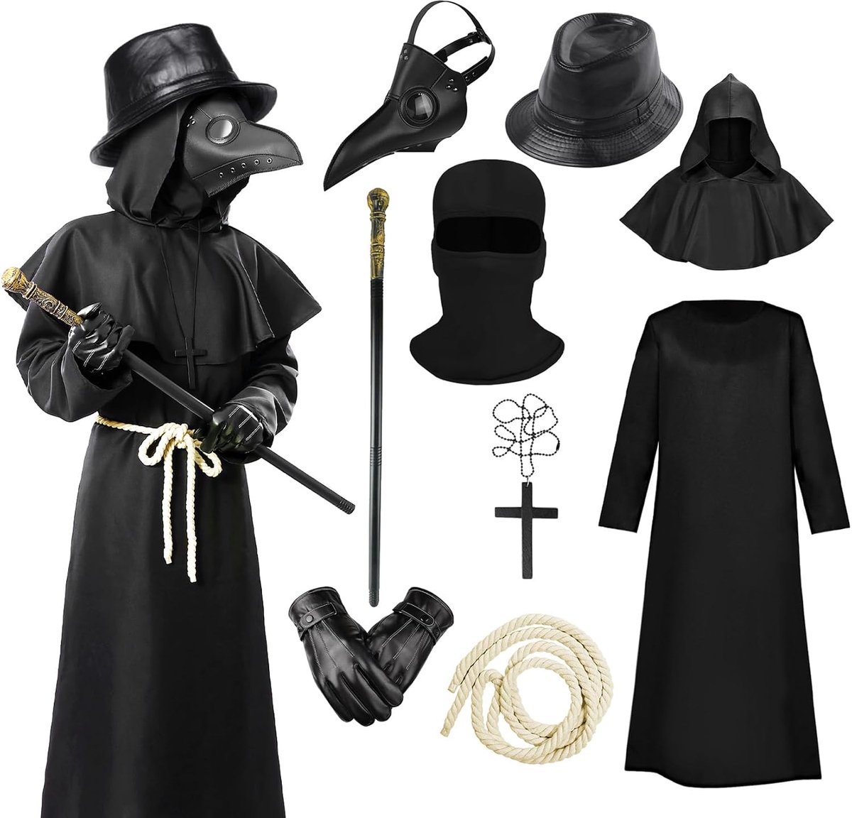 Pestdokterskostuum, plague dokterskostuum, pestdoktermasker, halloweenkostuum heren, middeleeuws steampunk, Halloween, cosplay, rollenspel, outift voor volwassenen