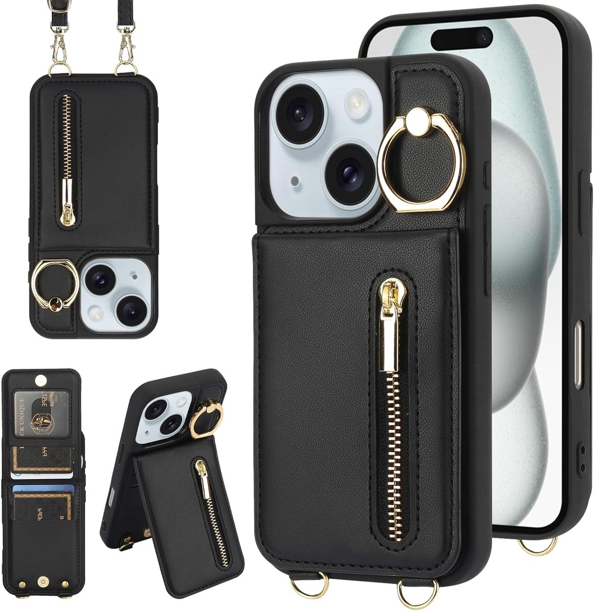 Hoes voor iPhone 15, stootvaste telefoonhoes met verstelbare halsketting, RFID-ritssluiting, portemonnee, etui met kaartenvak, met band, ring, standaard, case voor vrouwen, zwart