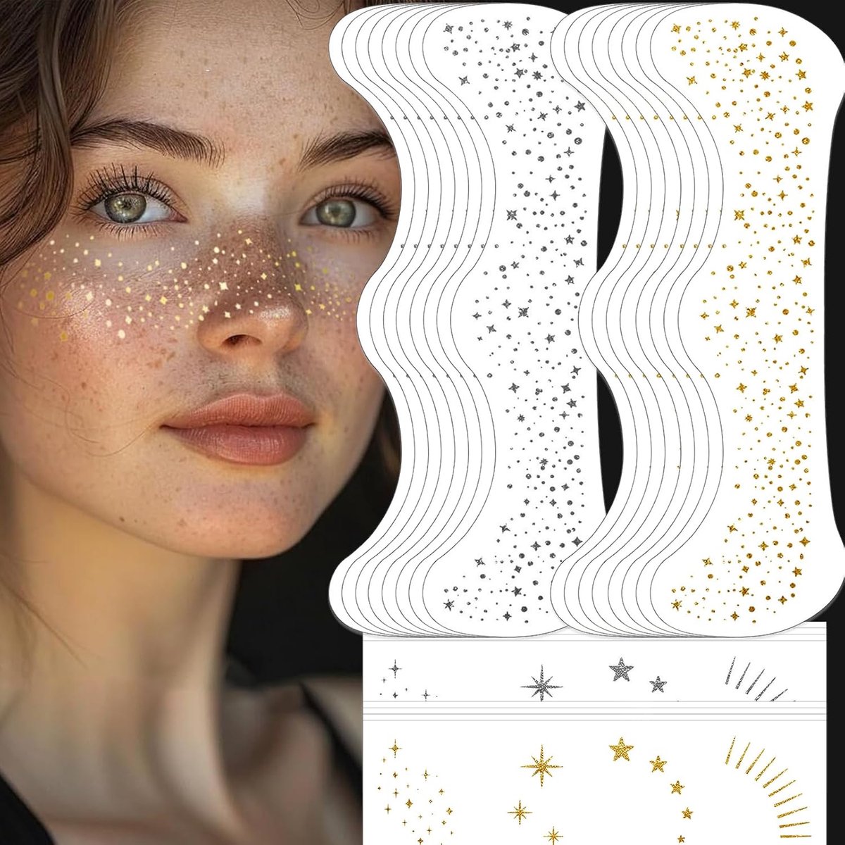 48 stuks goud en zilver glitter zonnebrandplekken gezichtstatoeage, waterdichte sparkle patches voor vrouwen, tatoeage make-up accessoire