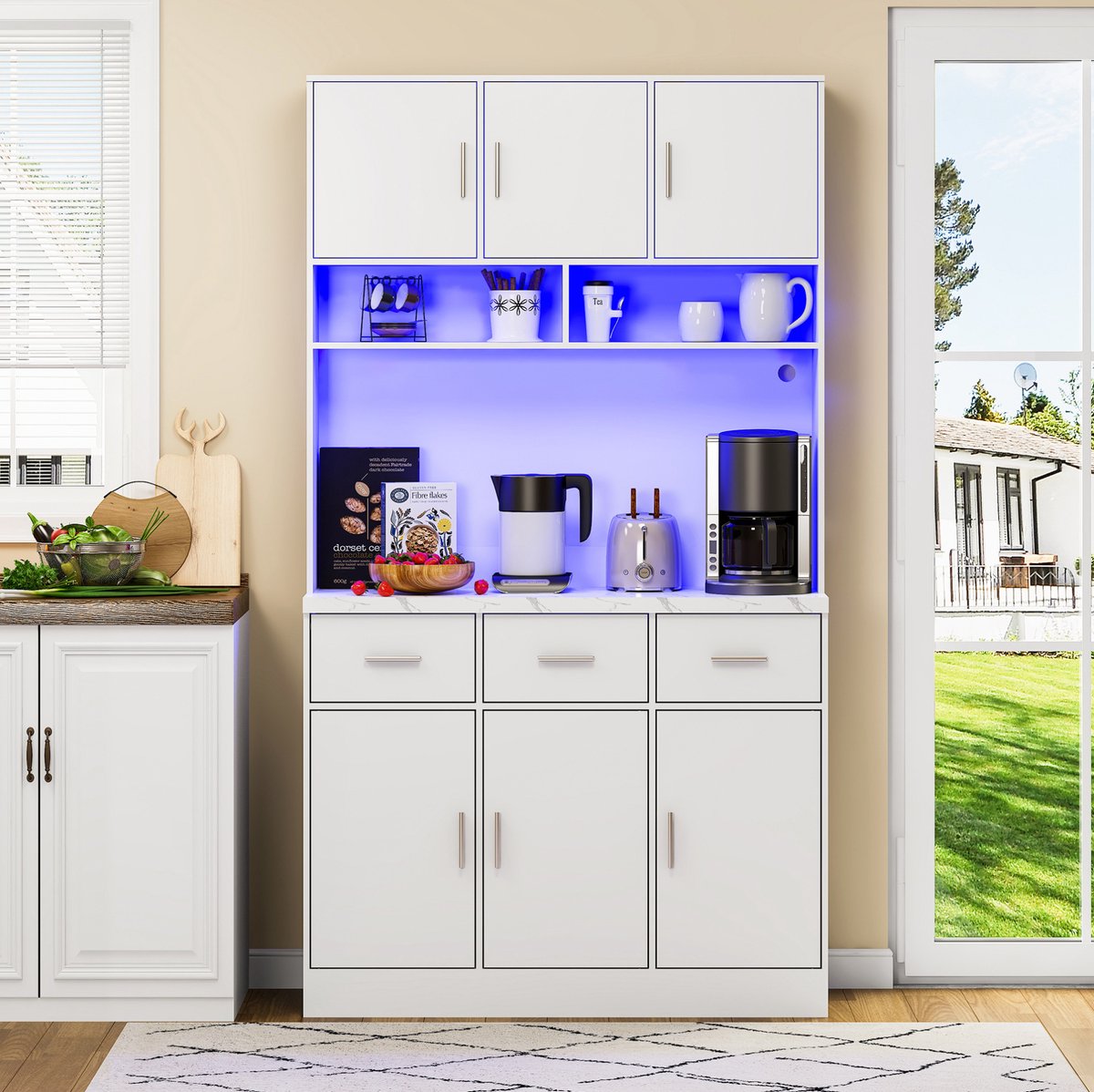 MEUNIQ Keukenkast 100 x 40 x 180 cm met 6 deuren, 3 lades, verstelbare planken, LED met app-bediening, stopcontact en USB voor keuken en eetkamer – wit