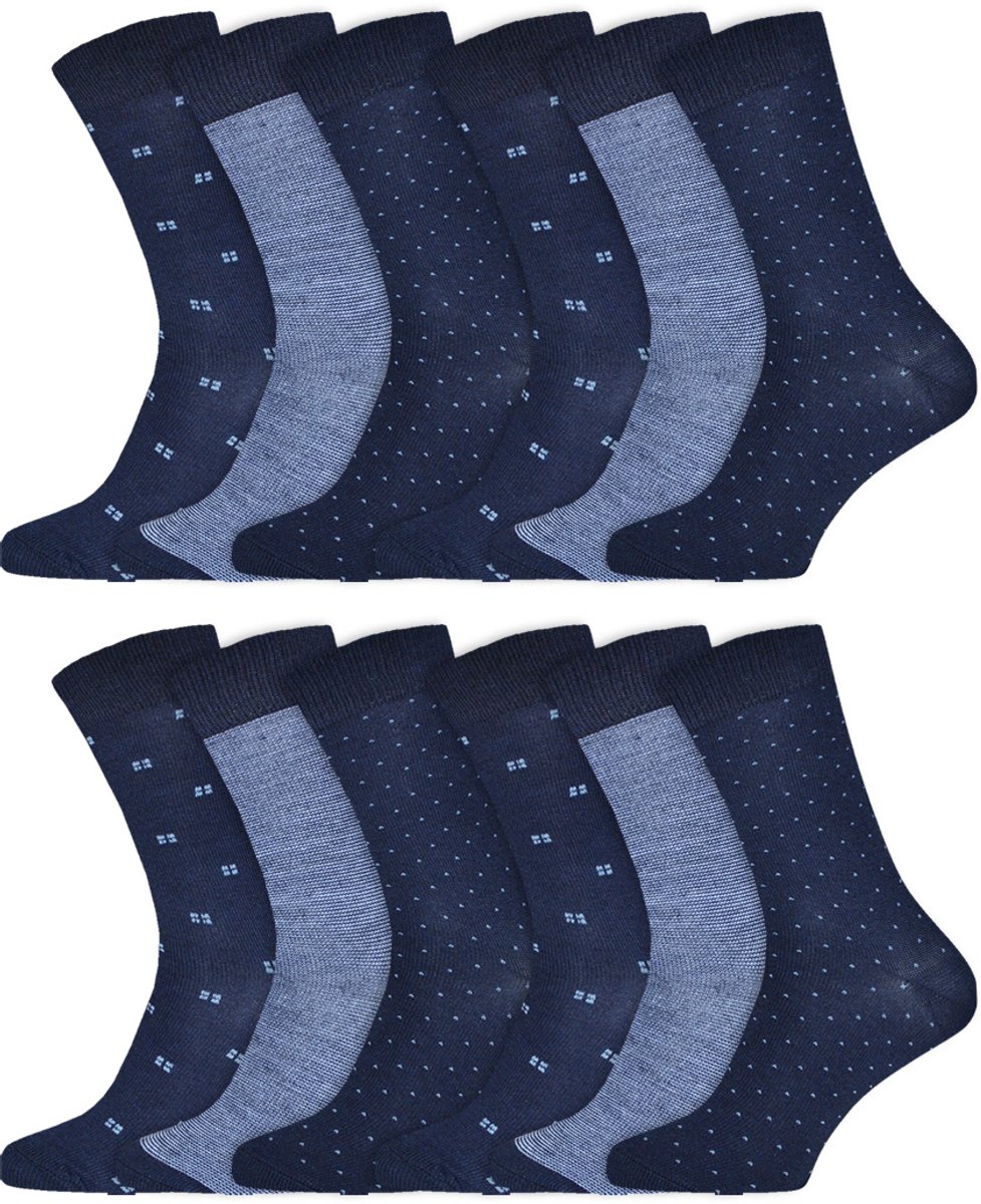 Katoenen Herensokken | Diverse Motieven | Merk: Gianvaglia | Kleur: Blauw | Maat: 39-42/ 43-46 | 12 Paar