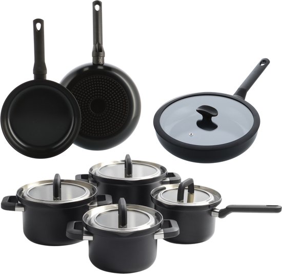 BK Enjoy Pannenset 7-delig - Kookpannen 16/18/20cm - Koekenpan 24/28cm - Hapjespan met deksel 28cm - Zonder antikleeflaag - Pannenset inductie - RVS pannenset- Ovenbestendig tot 160°C - Koudgrepen - Met deksel - Zwart