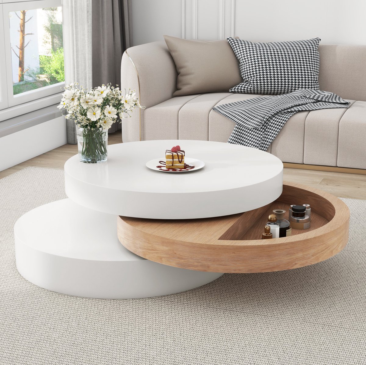 MEUNIQ Ronde draaibare salontafel 60 cm met 360° draaibaar tafelblad, uitschuifbaar tot 88 cm, verborgen opbergvak en 3 niveaus – wit en naturel