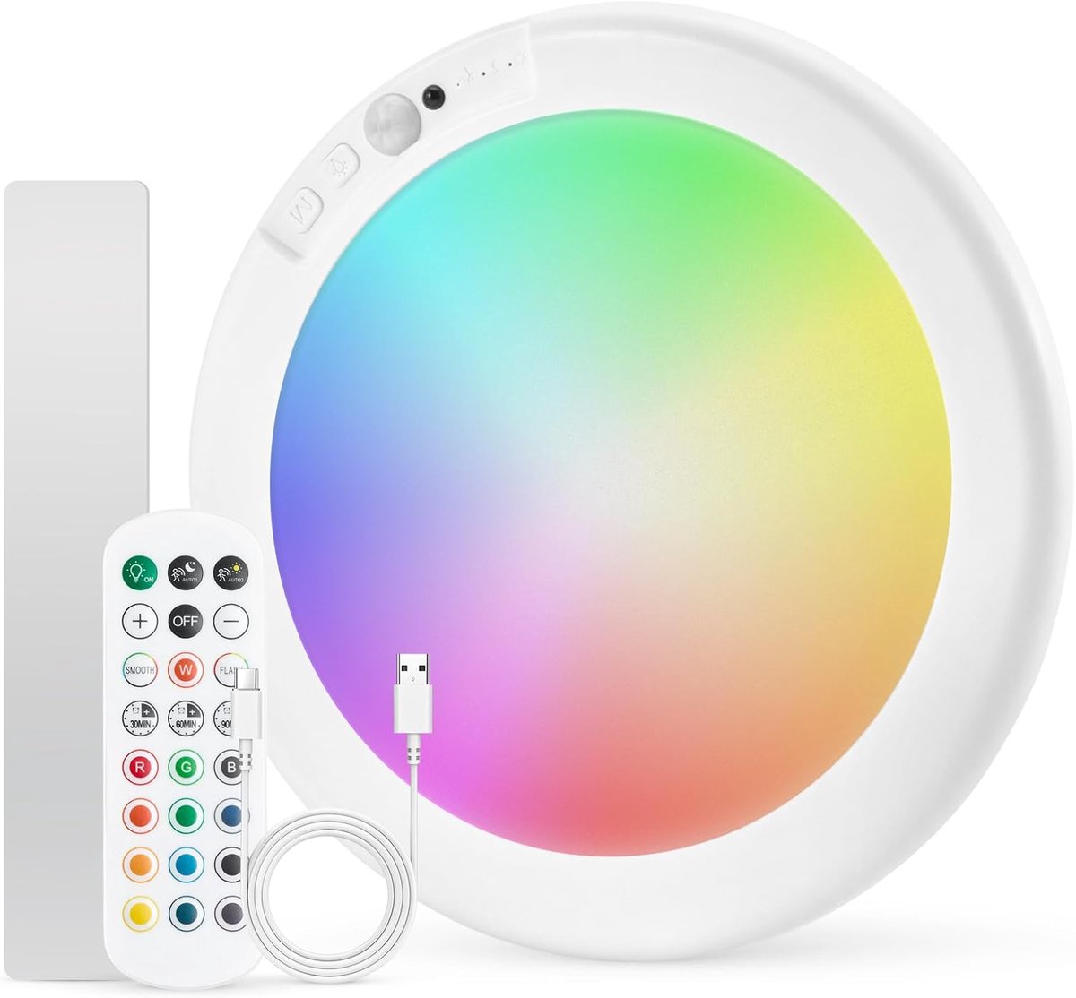LED accu plafondlamp badkamer met bewegingsmelder, oplaadbare batterij-aangedreven RGB lamp woonkamer zonder stroomaansluiting, kabelloze plafondlampen met afstandsbediening voor vitrine, rond