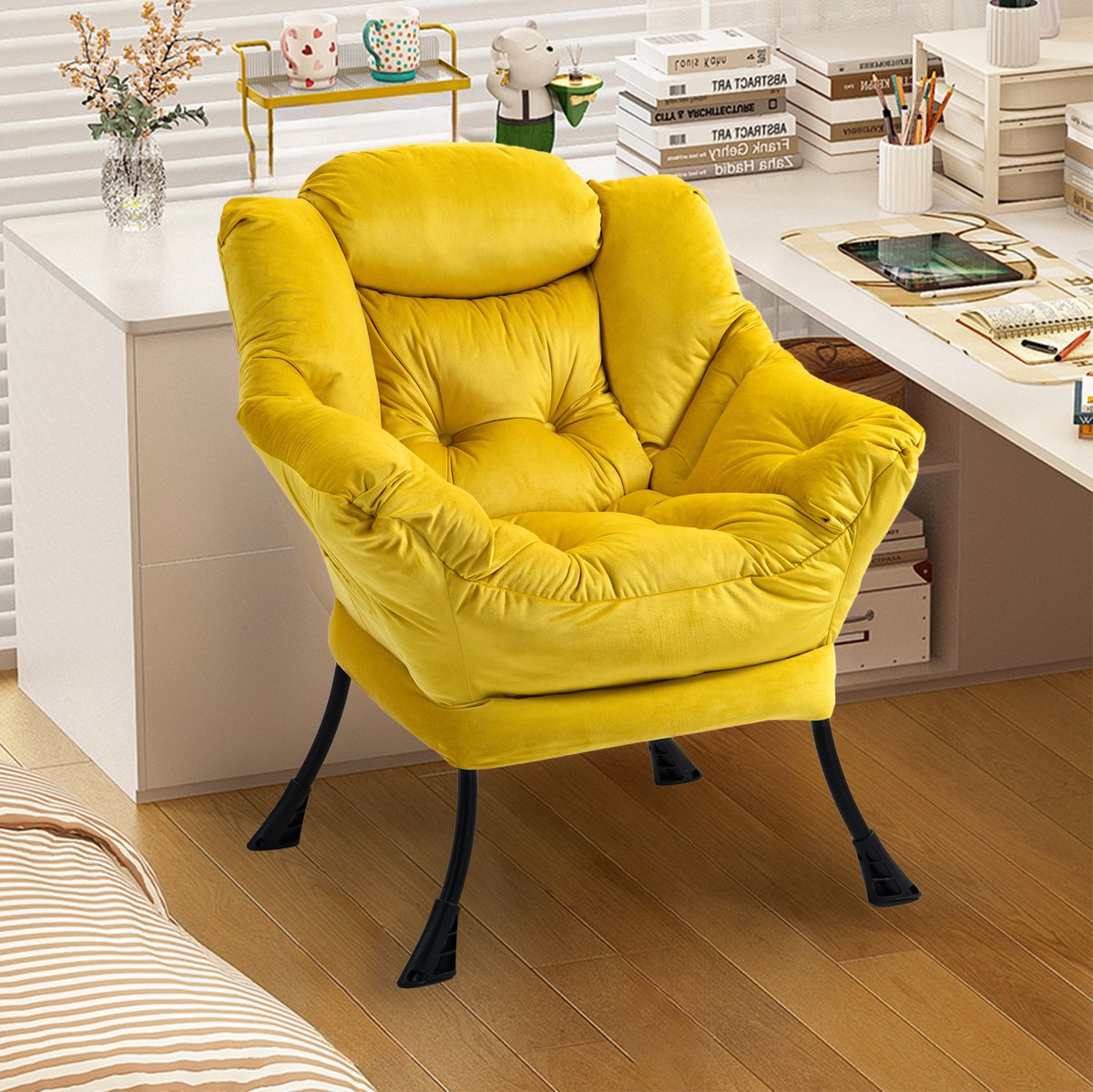 MEUNIQ Fauteuil met fluwelen zitting, metalen frame, armleuningen, hoofdsteun en zijvak – gele relaxstoel voor woonkamer of slaapkamer Geel