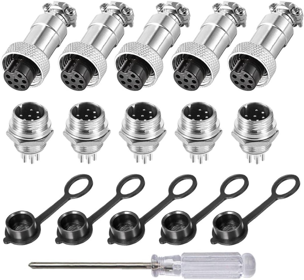 Set van 5 7-Pins GX12 Luchtvaartstekkers, 12 mm Draad Metaal Connectoren voor Kabel, 5A Stekker Kit met Rubber Kap en Duurzame Aansluitingen