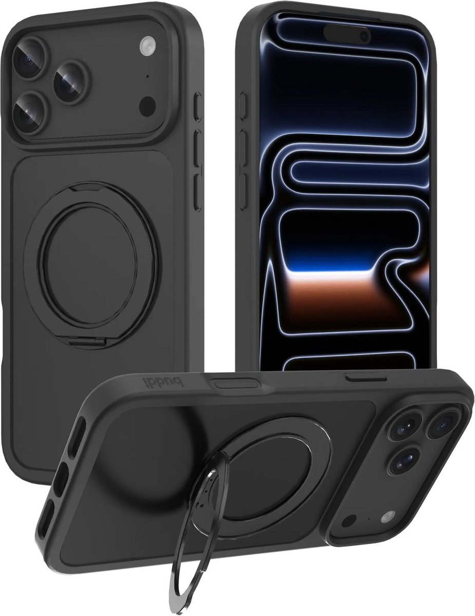 Buddi Frost Hoesje Geschikt voor Apple iPhone 18 Pro - Mat Zwart - Met Ring Stand - MagSafe Back Cover - Matchende kleur - Met 360° Draaibare Standaard - Shockproof - Slank