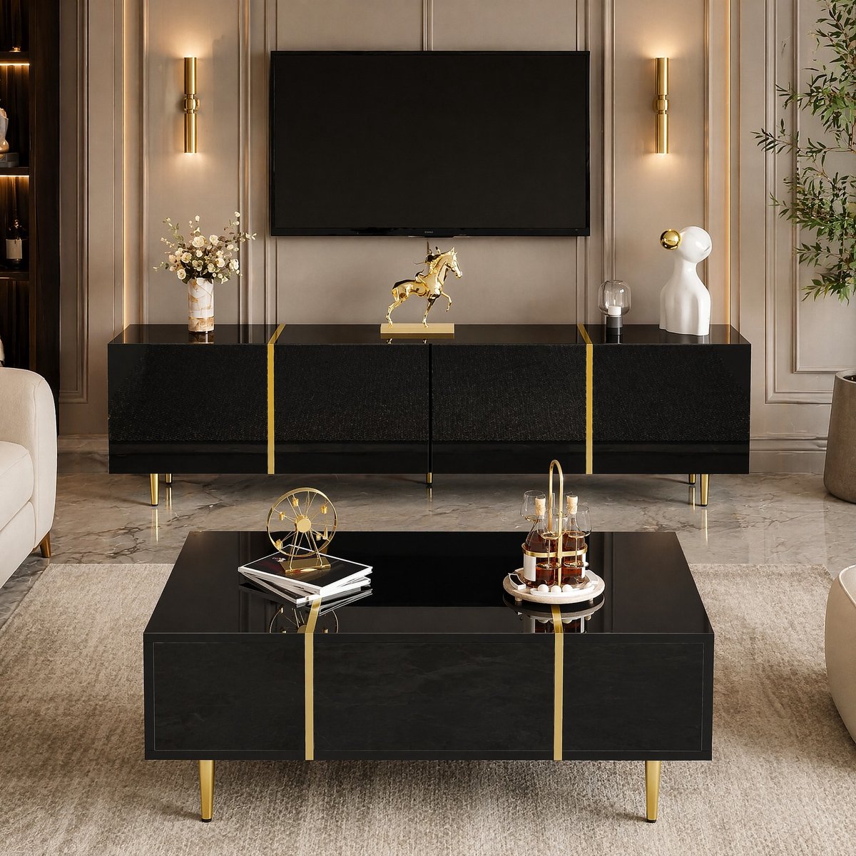 MEUNIQ TV-meubel en salontafel set 170 x 35 x 46 cm en 100 x 60 x 41,5 cm – hoogglans zwart met gouden accenten, 4 deuren, 2 lades voor woonkamer